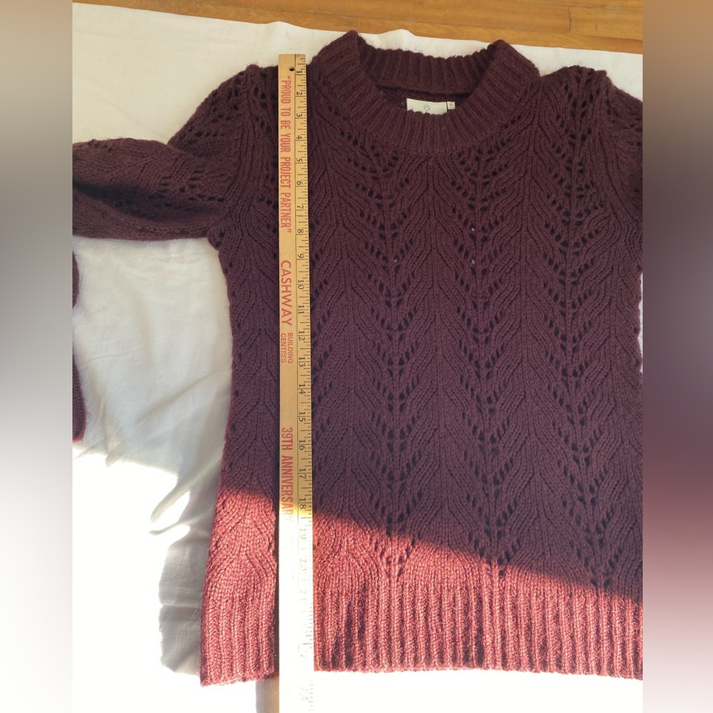 Women's Burgundy feminine Coquette Girl Open Knit Puff Sleeve Crewneck Sweater S - Picture 13 of 13